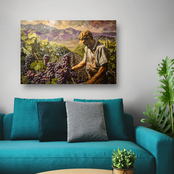 Wijnboer tijdens druivenoogst in vallei canvas