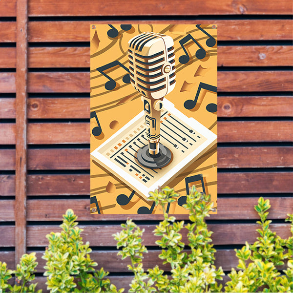 Gouden Microfoon met Notenbalk in Art Deco Stijl tuinposter
