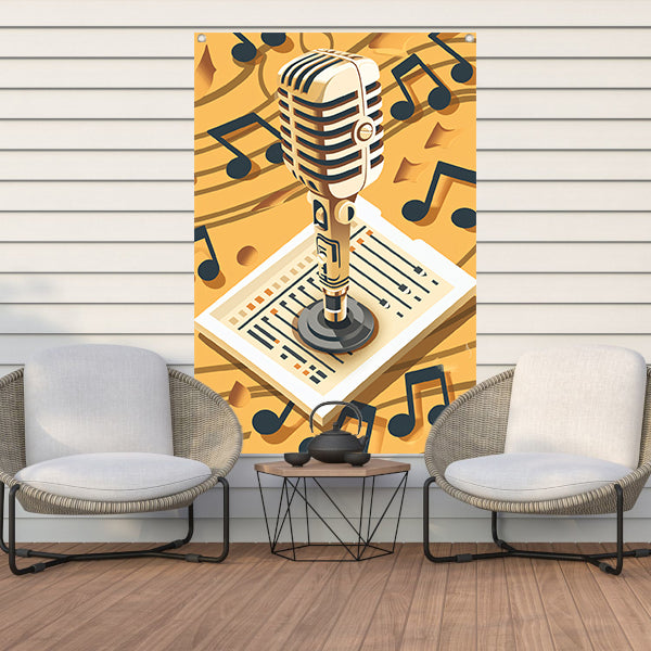 Gouden Microfoon met Notenbalk in Art Deco Stijl tuinposter