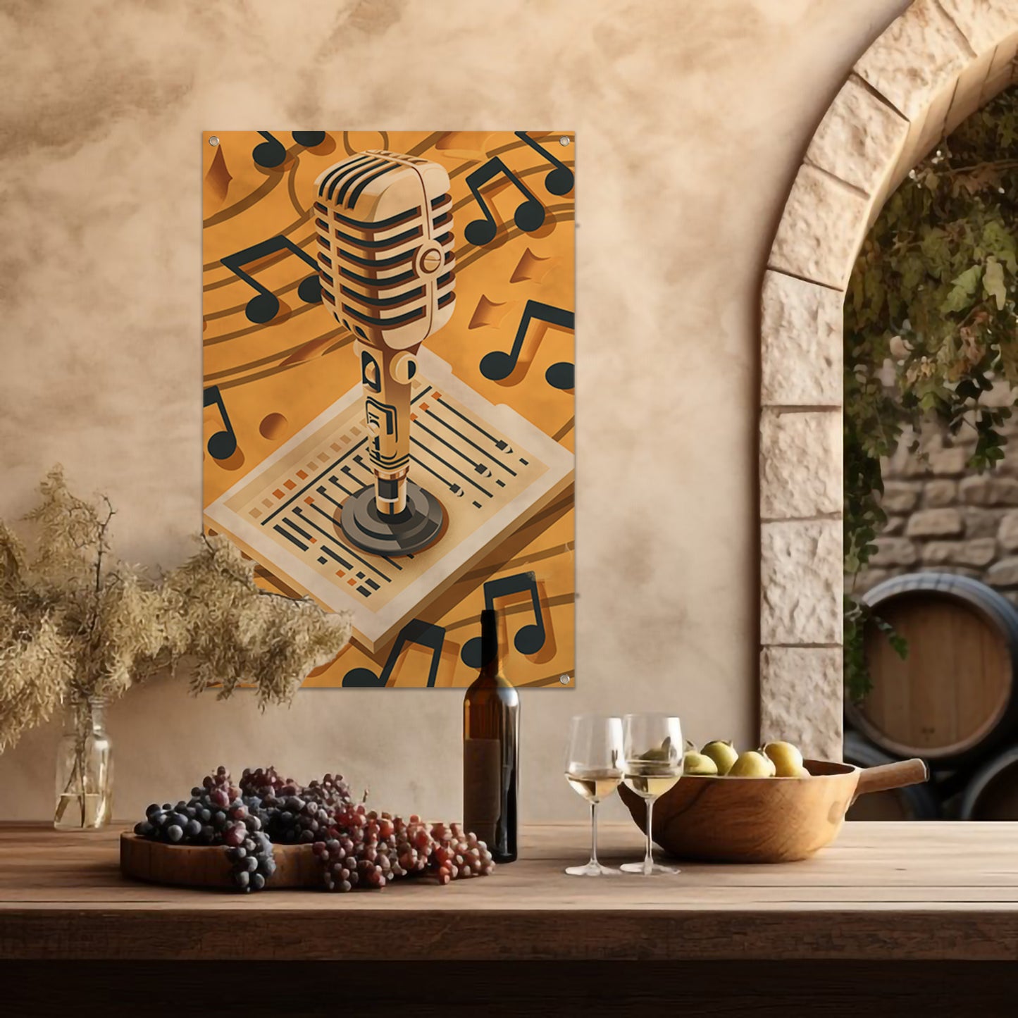Gouden Microfoon met Notenbalk in Art Deco Stijl tuinposter