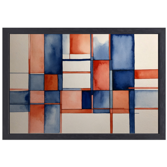 Harmonie in Abstractie: Blauw en Rood Aquarel canvas met baklijst