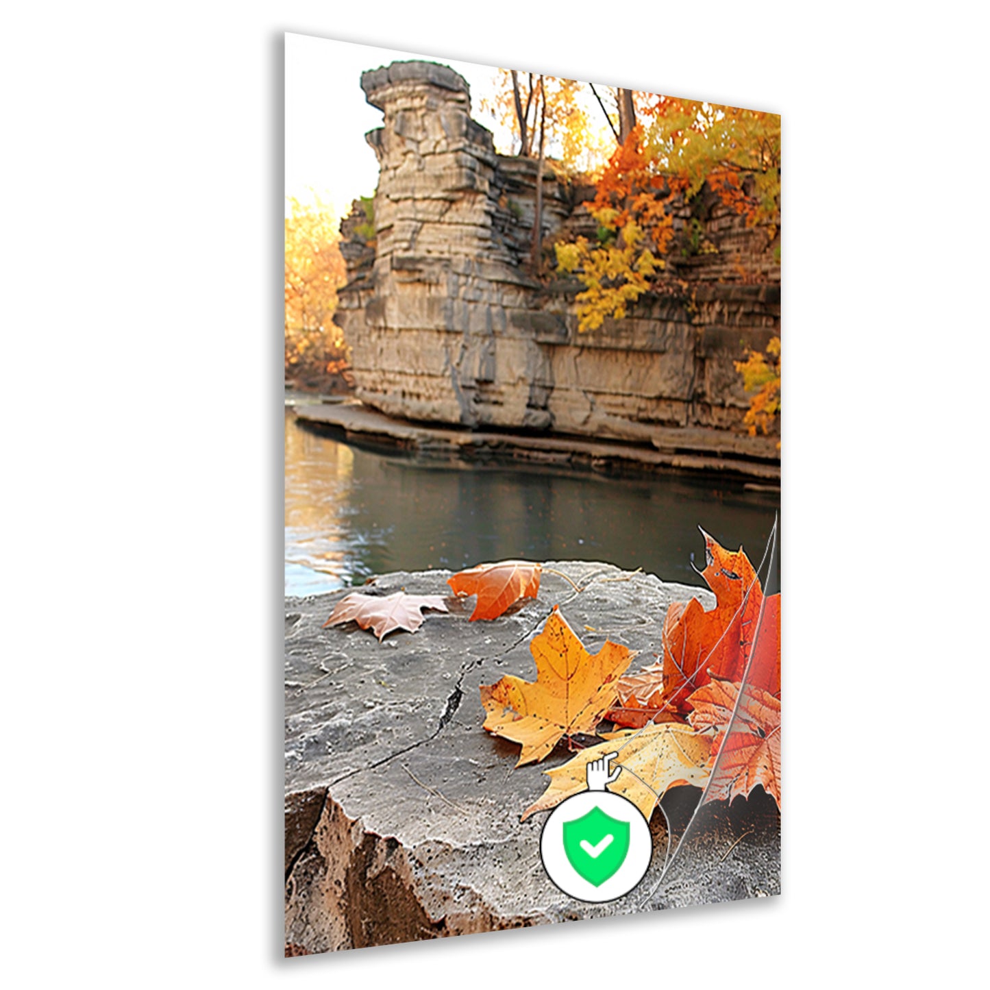 Herfstbladeren langs de rivier bij rotsen poster