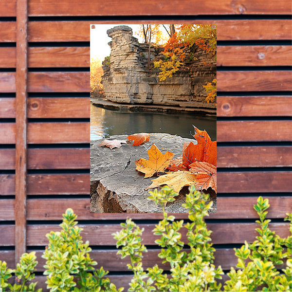 Herfstbladeren langs de rivier bij rotsen tuinposter