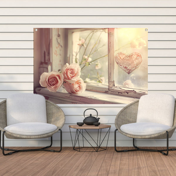 Impressionistische rozen op vensterbank tuinposter