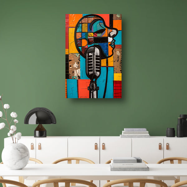 Abstract portret met microfoon in felle kleuren canvas
