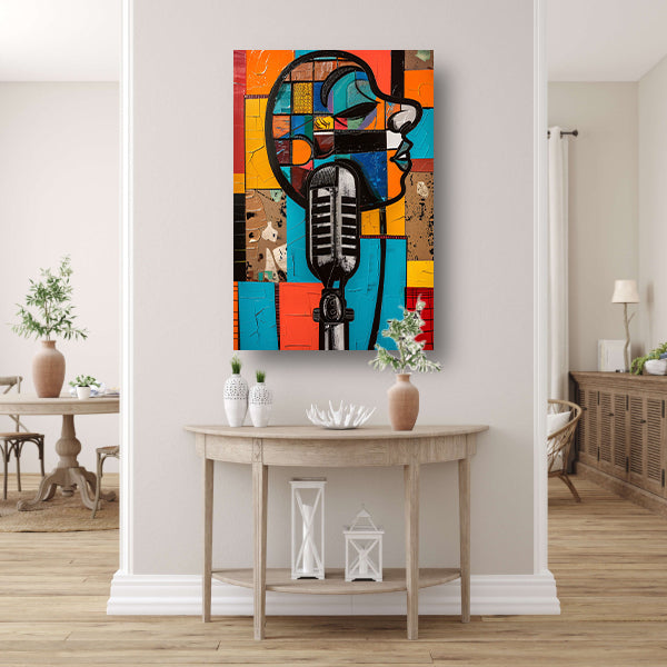 Abstract portret met microfoon in felle kleuren poster