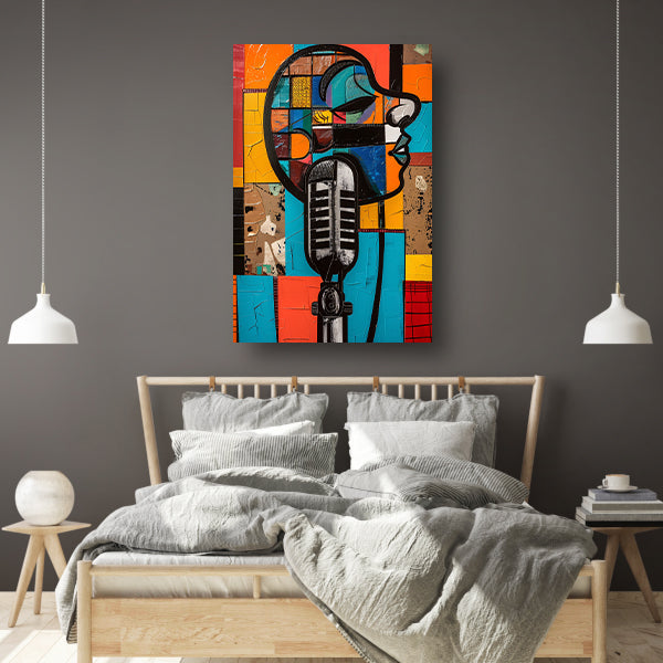 Abstract portret met microfoon in felle kleuren canvas
