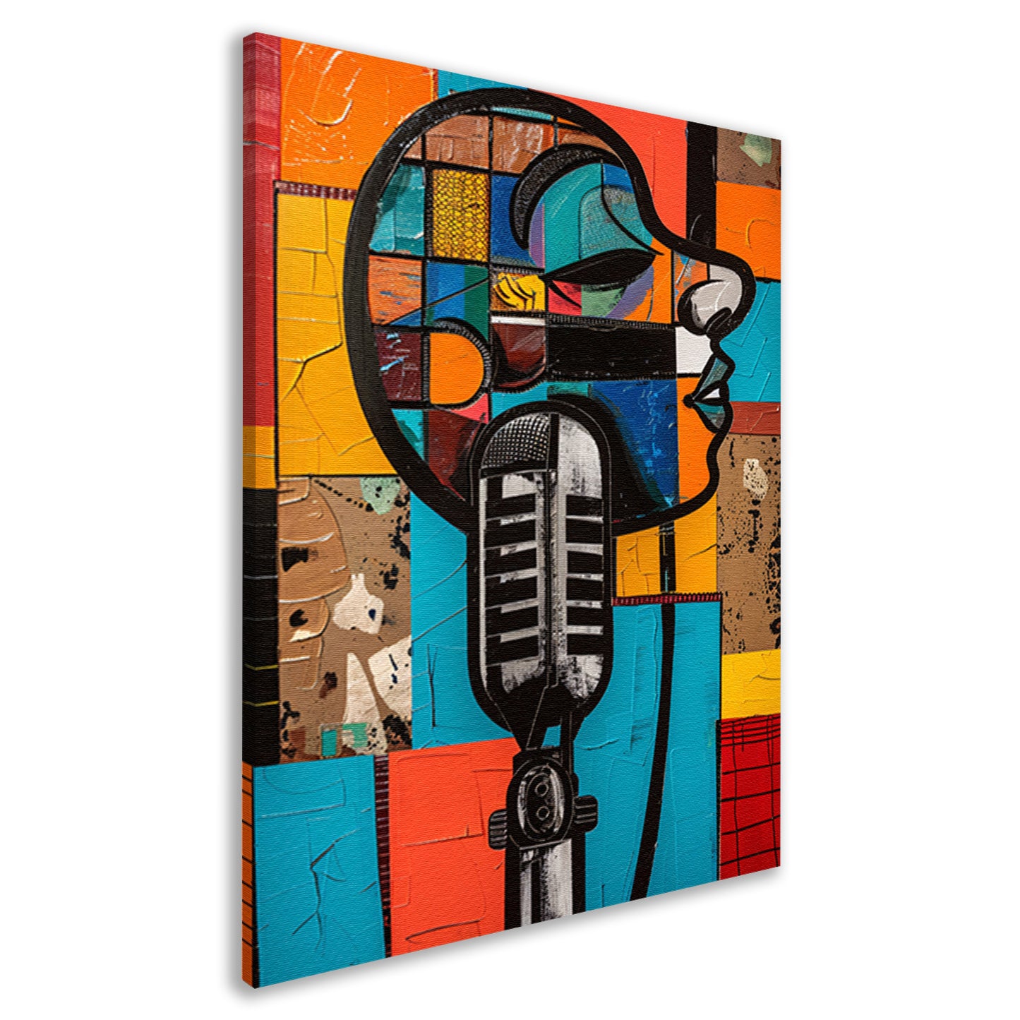 Abstract portret met microfoon in felle kleuren canvas