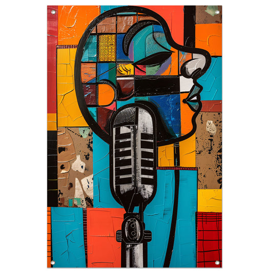 Abstract portret met microfoon in felle kleuren tuinposter