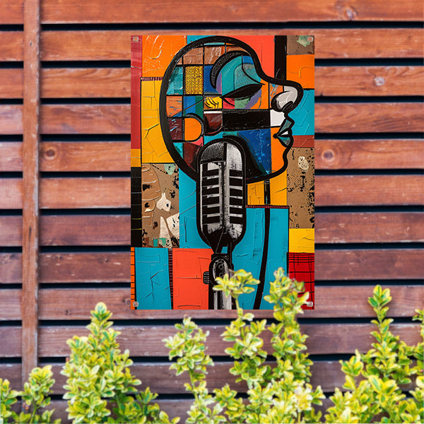 Abstract portret met microfoon in felle kleuren tuinposter