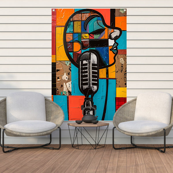 Abstract portret met microfoon in felle kleuren tuinposter