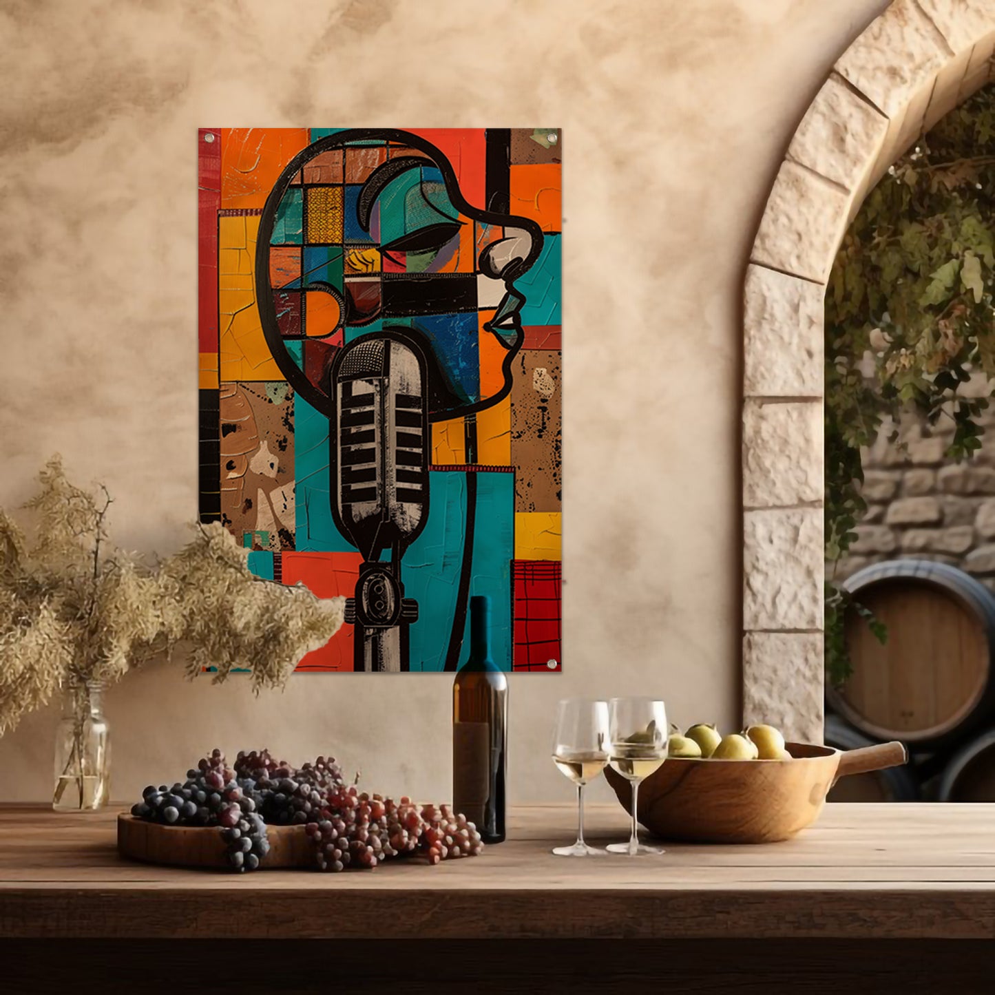 Abstract portret met microfoon in felle kleuren tuinposter