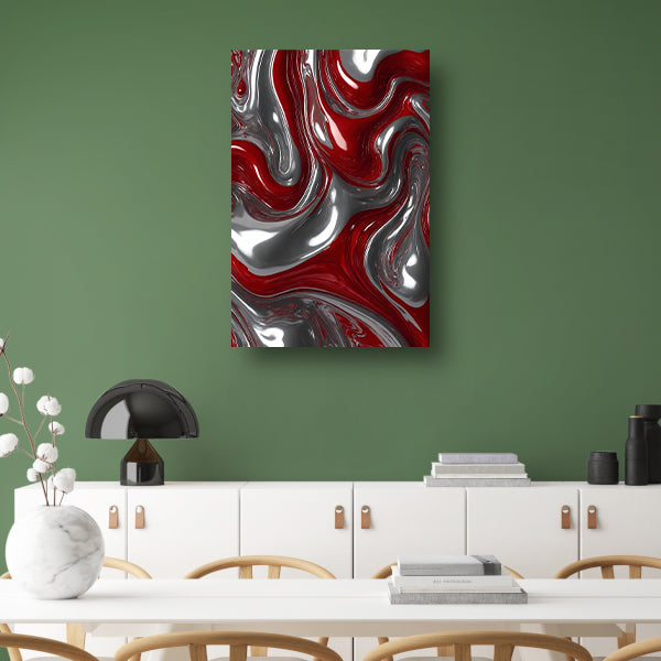 Abstracte Zilveren en Rode Vloeiende Dynamiek poster