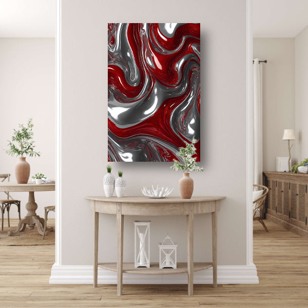 Abstracte Zilveren en Rode Vloeiende Dynamiek canvas met baklijst