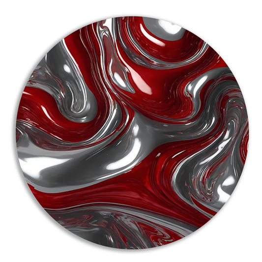 Abstracte Zilveren en Rode Vloeiende Dynamiek aluminium muurcirkel