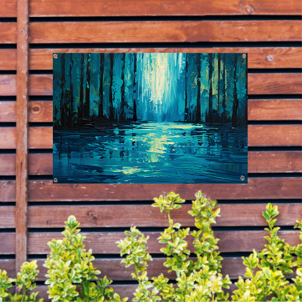 Surrealistisch boslandschap in levendige kleuren tuinposter