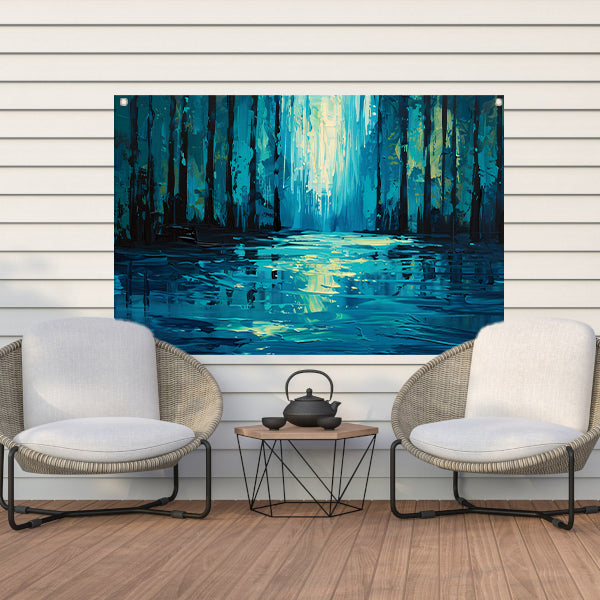 Surrealistisch boslandschap in levendige kleuren tuinposter
