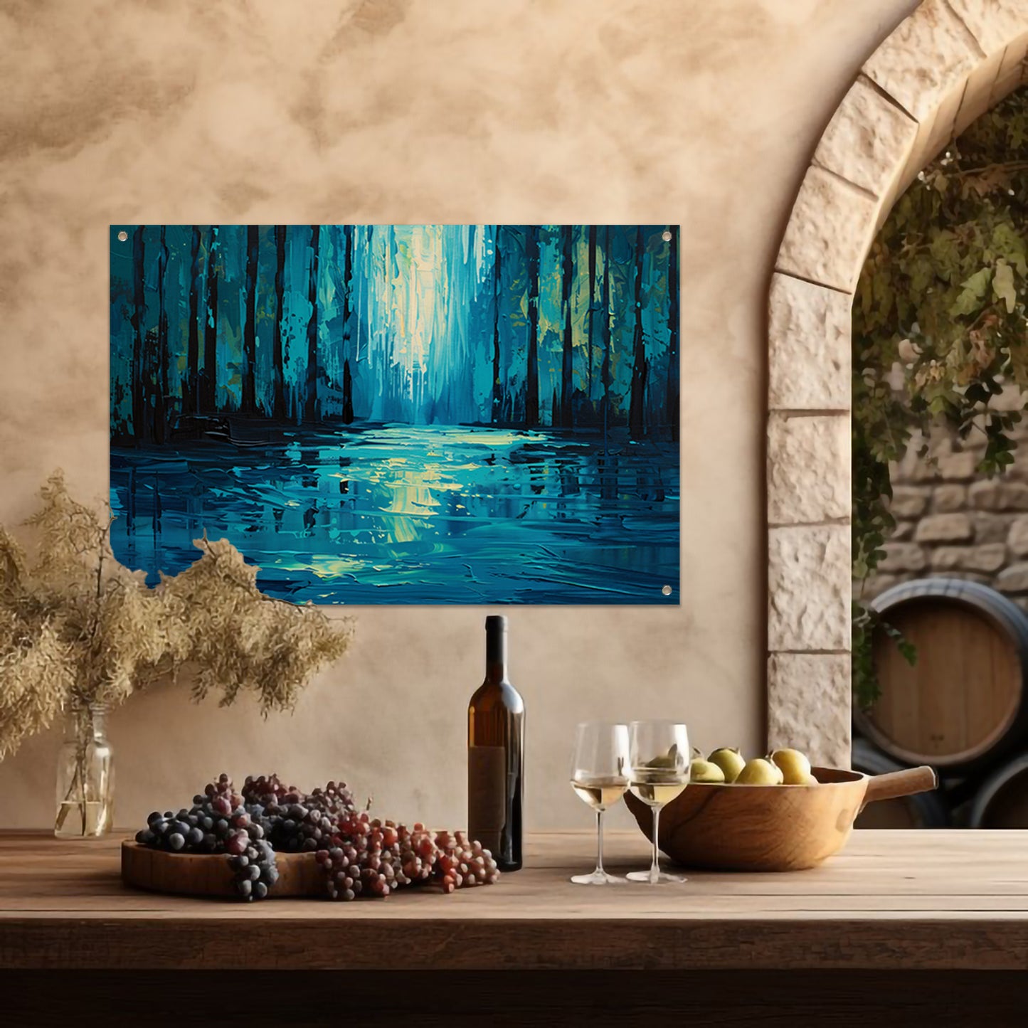 Surrealistisch boslandschap in levendige kleuren tuinposter