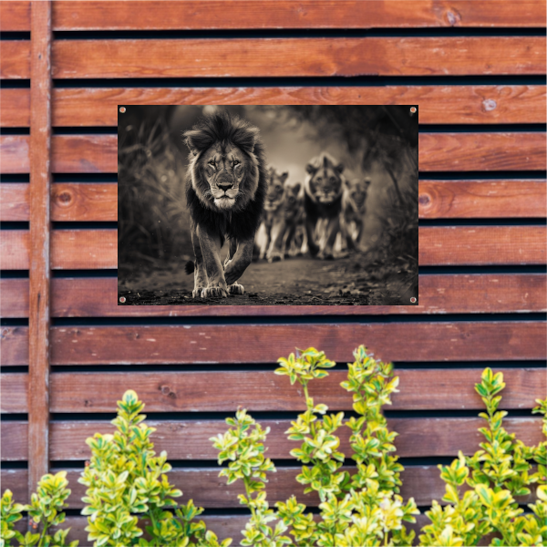 Leeuwenfamilie op savanne tuinposter