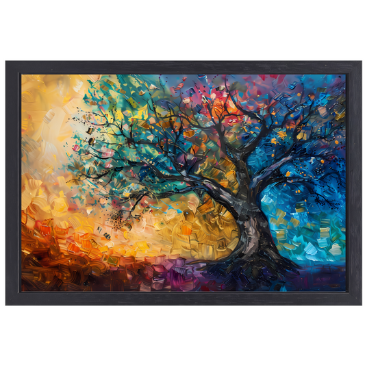 Abstract geschilderde kleurrijke boom in olieverf canvas met baklijst