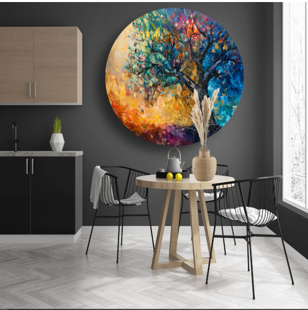 Abstract geschilderde kleurrijke boom in olieverf aluminium muurcirkel