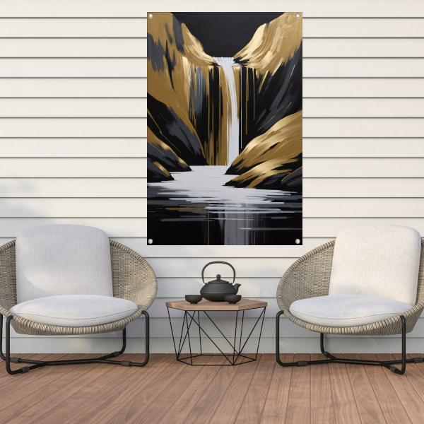 Gouden Accenten Abstracte Waterval Monochroom tuinposter
