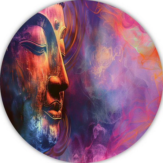 Boeddha in een Zee van Abstractie en Kleur aluminium muurcirkel