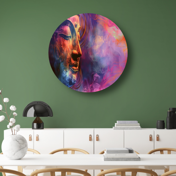 Boeddha in een Zee van Abstractie en Kleur aluminium muurcirkel