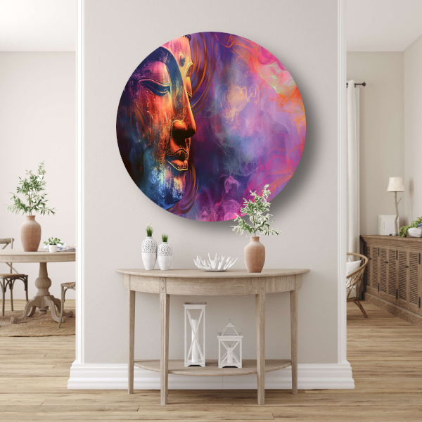 Boeddha in een Zee van Abstractie en Kleur aluminium muurcirkel