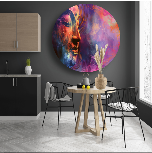Boeddha in een Zee van Abstractie en Kleur aluminium muurcirkel