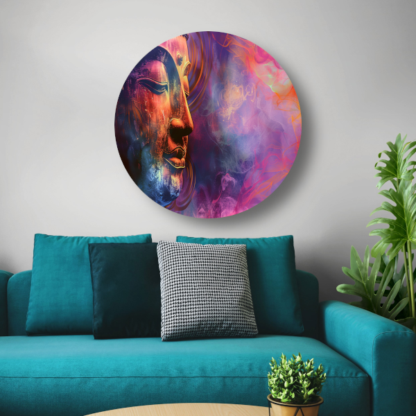 Boeddha in een Zee van Abstractie en Kleur aluminium muurcirkel