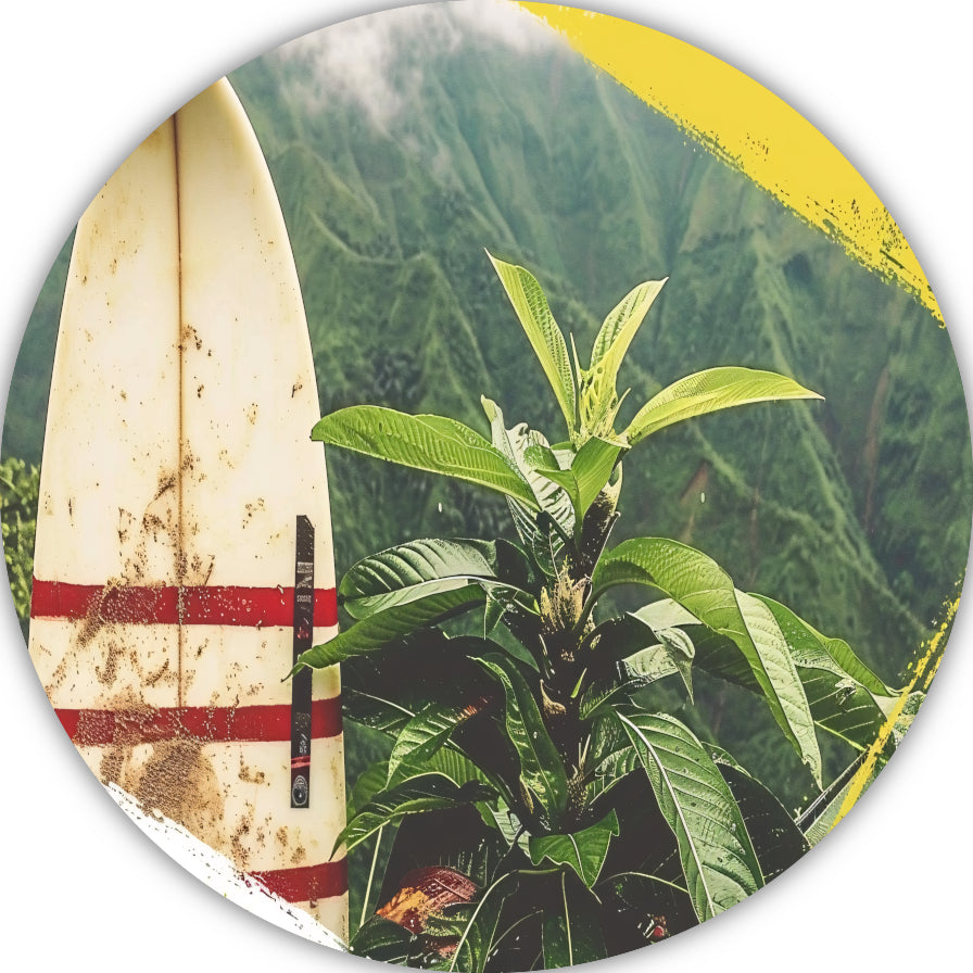 Surfplank en tropische plant met bergzicht aluminium muurcirkel