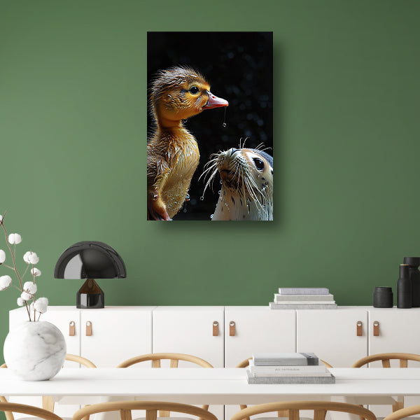 Zeehond en eend staren elkaar aan canvas