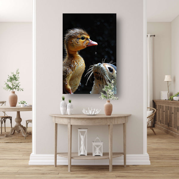 Zeehond en eend staren elkaar aan canvas