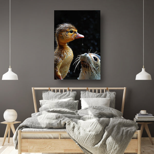 Zeehond en eend staren elkaar aan canvas