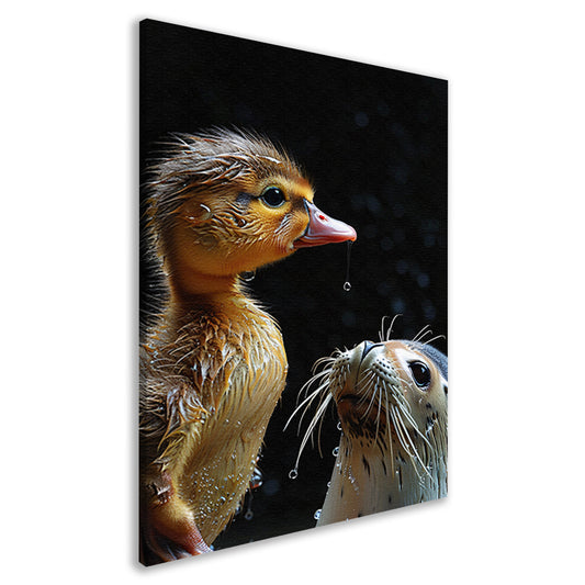 Zeehond en eend staren elkaar aan canvas