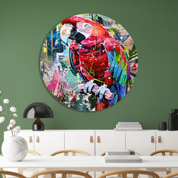 Kleurrijke abstracte papegaai in graffiti-stijl aluminium muurcirkel