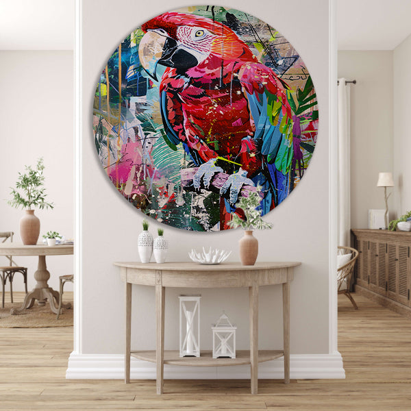 Kleurrijke abstracte papegaai in graffiti-stijl aluminium muurcirkel