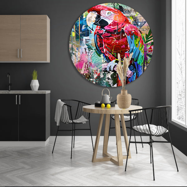 Kleurrijke abstracte papegaai in graffiti-stijl aluminium muurcirkel