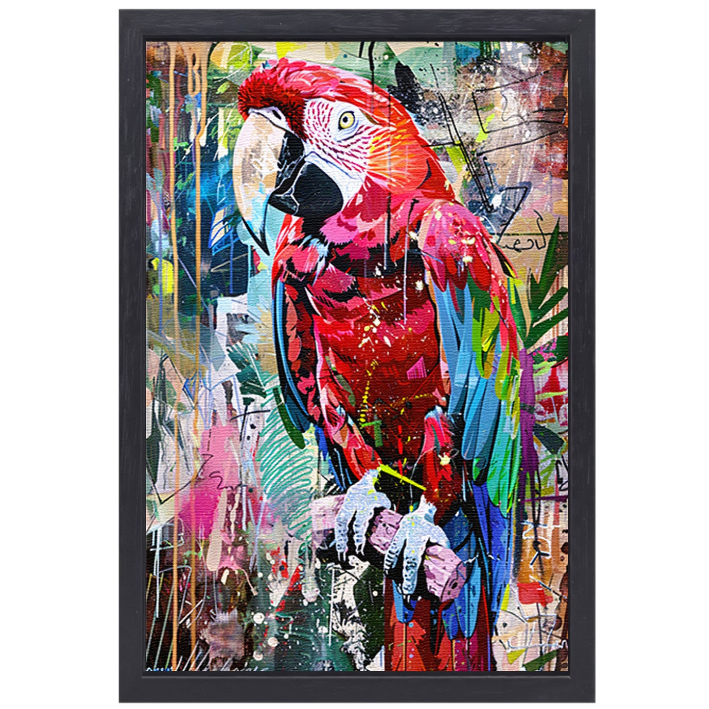 Kleurrijke abstracte papegaai in graffiti-stijl canvas met baklijst