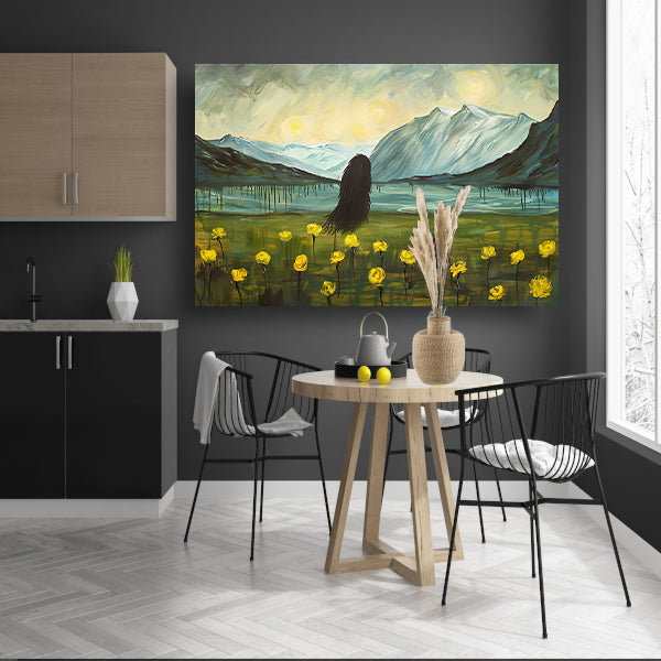 Abstract schilderij van berglandschap met bloemen canvas