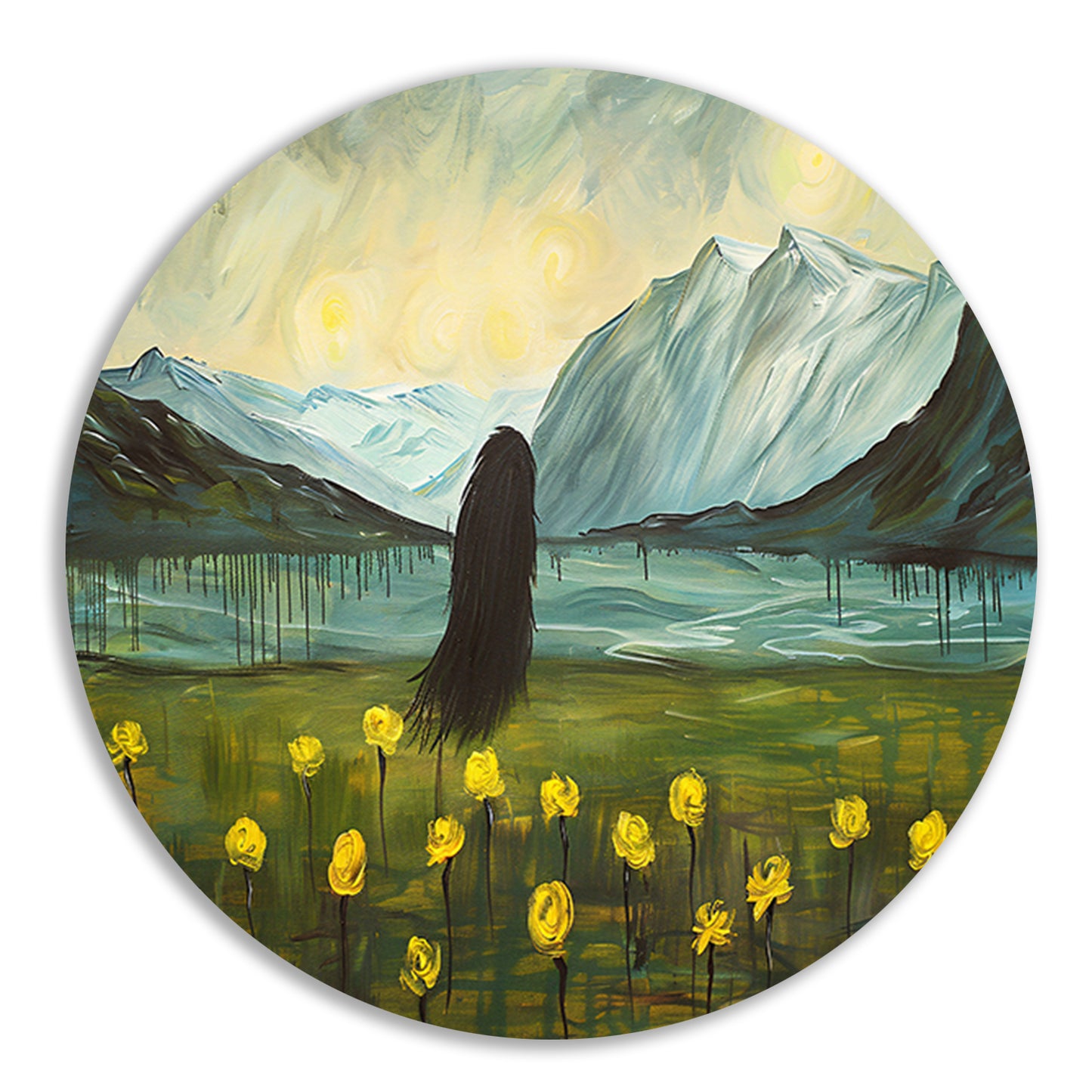 Abstract schilderij van berglandschap met bloemen forex muurcirkel