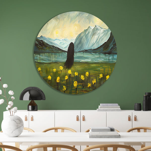 Abstract schilderij van berglandschap met bloemen aluminium muurcirkel