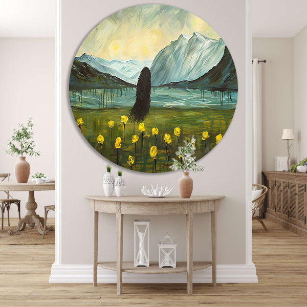 Abstract schilderij van berglandschap met bloemen aluminium muurcirkel