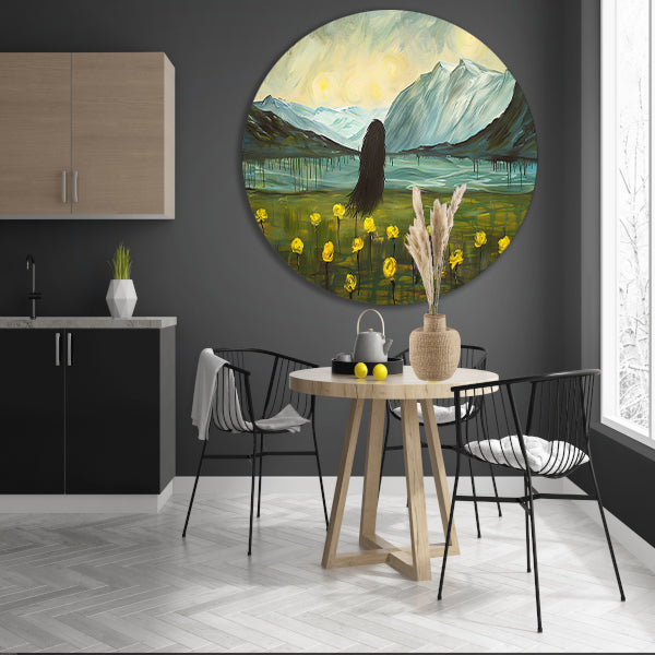 Abstract schilderij van berglandschap met bloemen aluminium muurcirkel