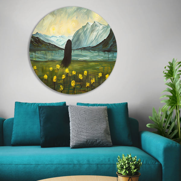 Abstract schilderij van berglandschap met bloemen aluminium muurcirkel