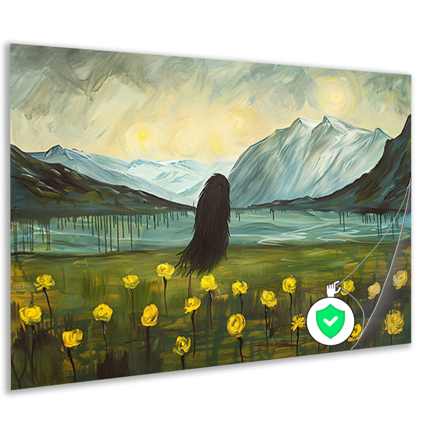 Abstract schilderij van berglandschap met bloemen poster