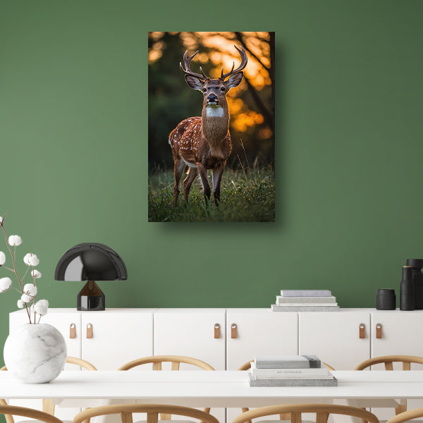 Hert in zonsondergang, natuurgetrouw en sereen canvas