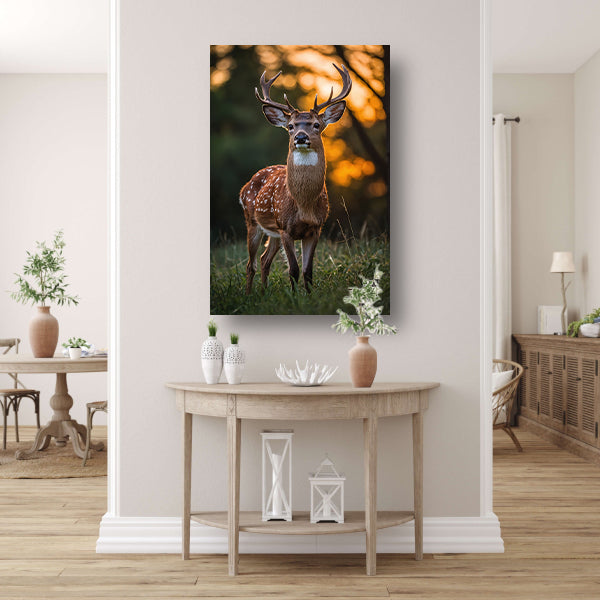 Hert in zonsondergang, natuurgetrouw en sereen canvas