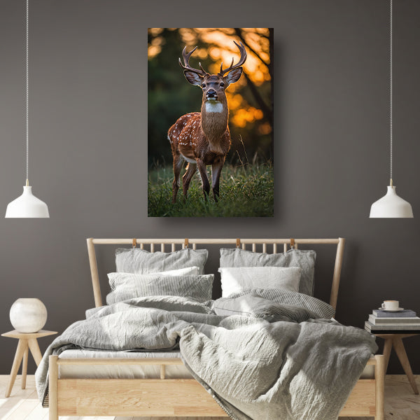 Hert in zonsondergang, natuurgetrouw en sereen canvas